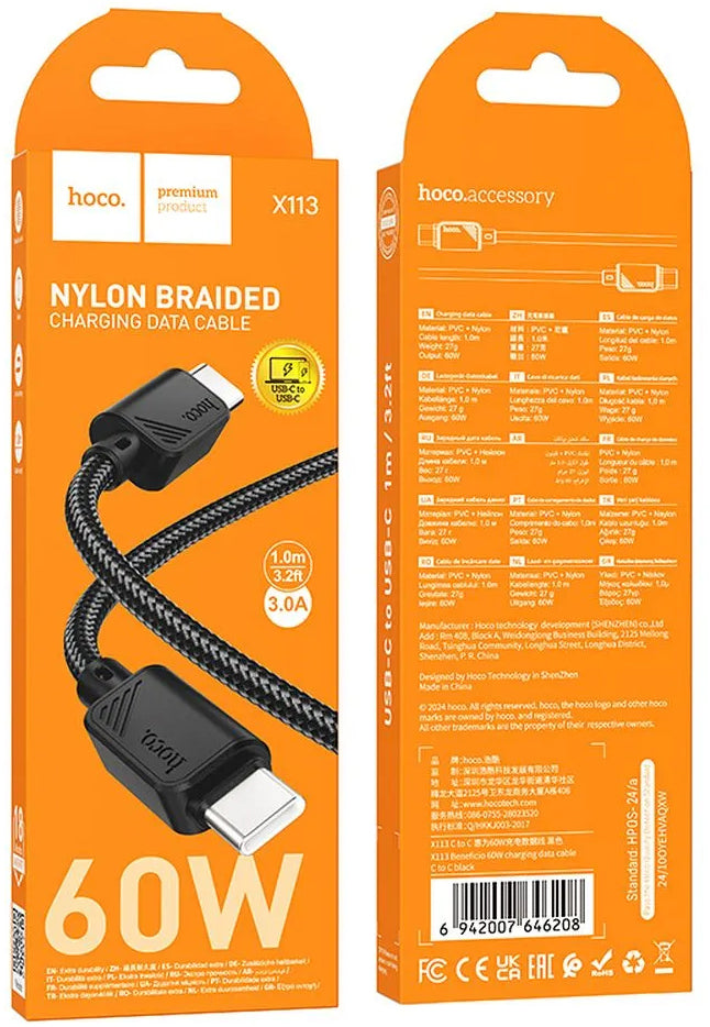 USB-C Data- en Oplaadkabel - USB-C HOCO X113, 60W, 1m, Zwart