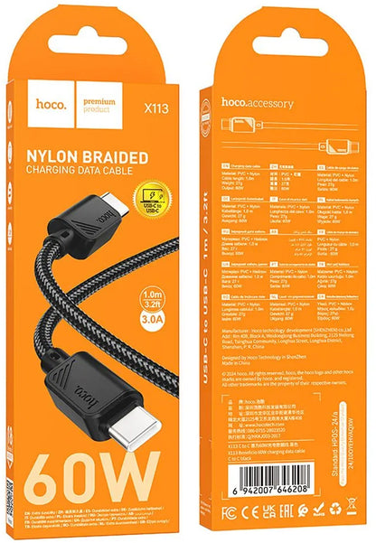 USB-C Data- en Oplaadkabel - USB-C HOCO X113, 60W, 1m, Zwart