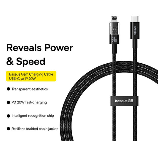 Data- en Oplaadkabel USB-C - Lightning Baseus Gem, 20W, 1m, Zwart P10373001111-00