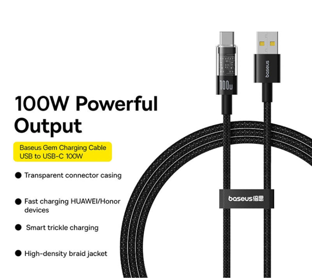 Data- en Oplaadkabel USB-A - USB-C Baseus Gem, 100W, 2m, Zwart P10373002111-01