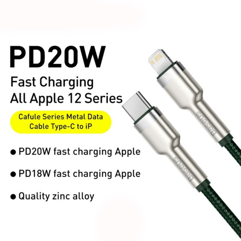USB-C - Lightning Data en Oplaadkabel Baseus Cafule Metal Series, 20W, 2m, Groen CATLJK-B06