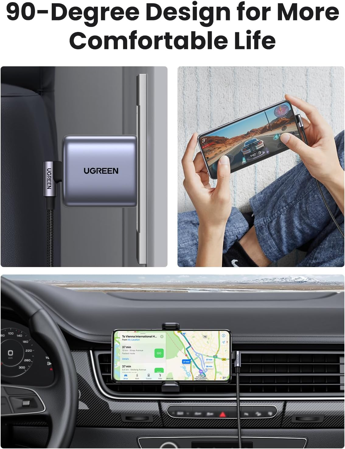 USB-C Daten- und Ladekabel - USB-C UGREEN US255 Angled, 60W, 3m, Grau