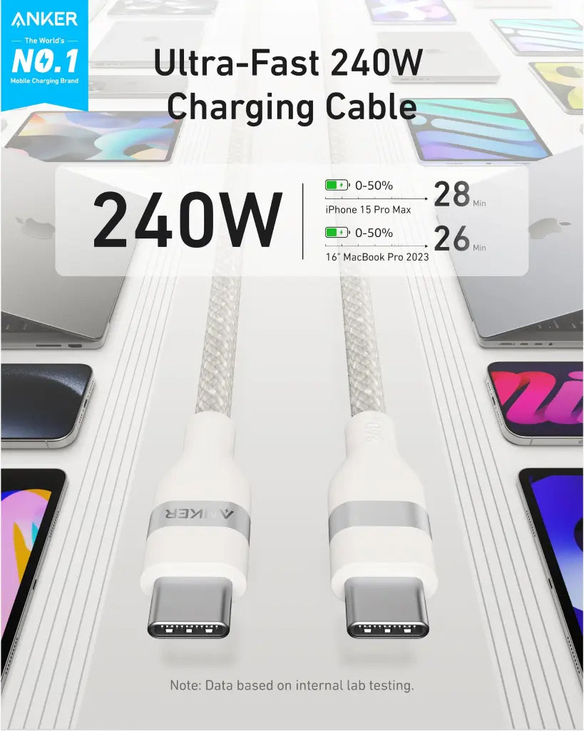 Câble de Données et de Charge USB-C - USB-C Anker, 240W, 0.9m, Blanc A82E2H21