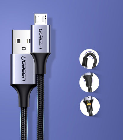 Câble de données et de charge USB-A - microUSB UGREEN US290, 18W, 2m, Noir