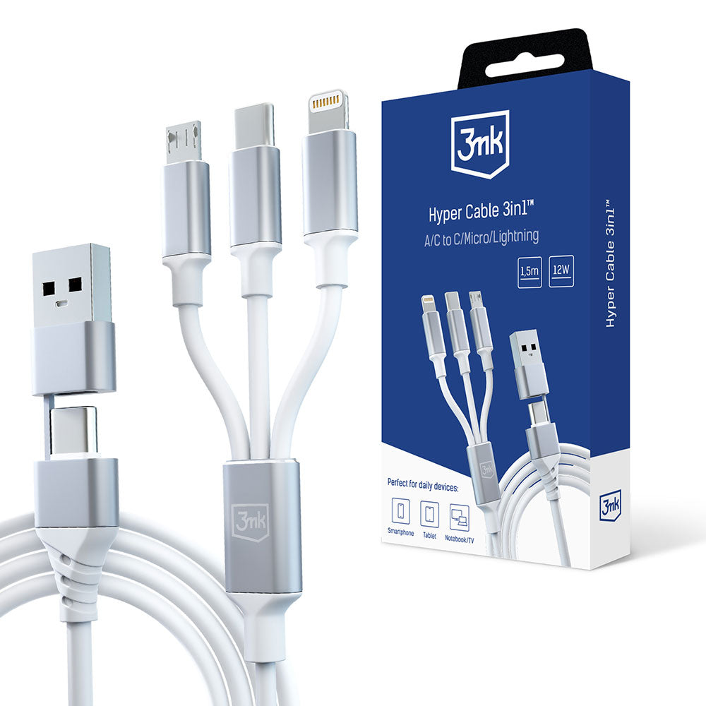 Oplaadkabel USB-A / USB-C - Lightning / microUSB / USB-C 3MK Hyper 3in1, 12W, 1,5m, Wit 