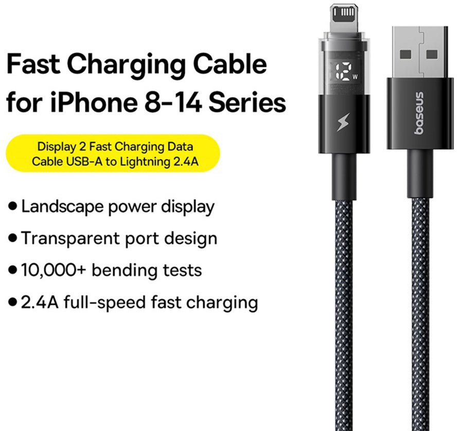USB-A - Lightning Baseus Display 2 Data- en Oplaadkabel, 18W, 1m, Zwart P10382700121-00