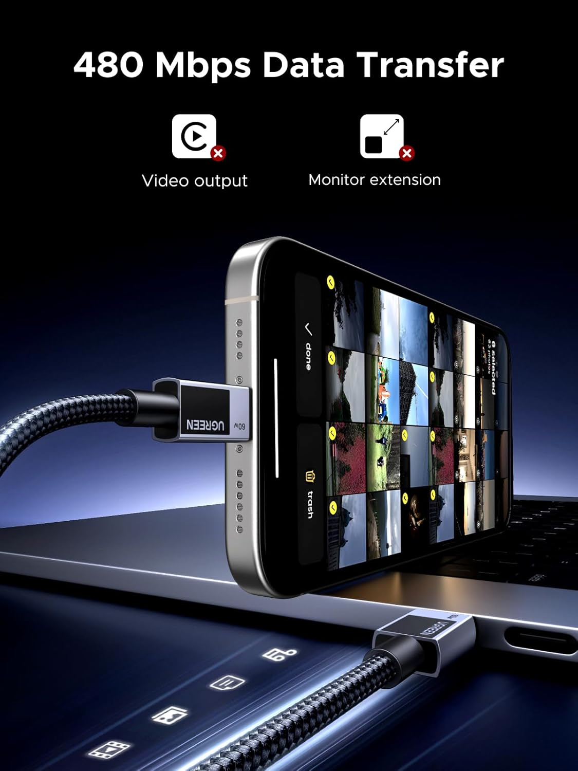 Câble de Données et de Charge USB-C - USB-C UGREEN L524, 60W, 2m, Gris