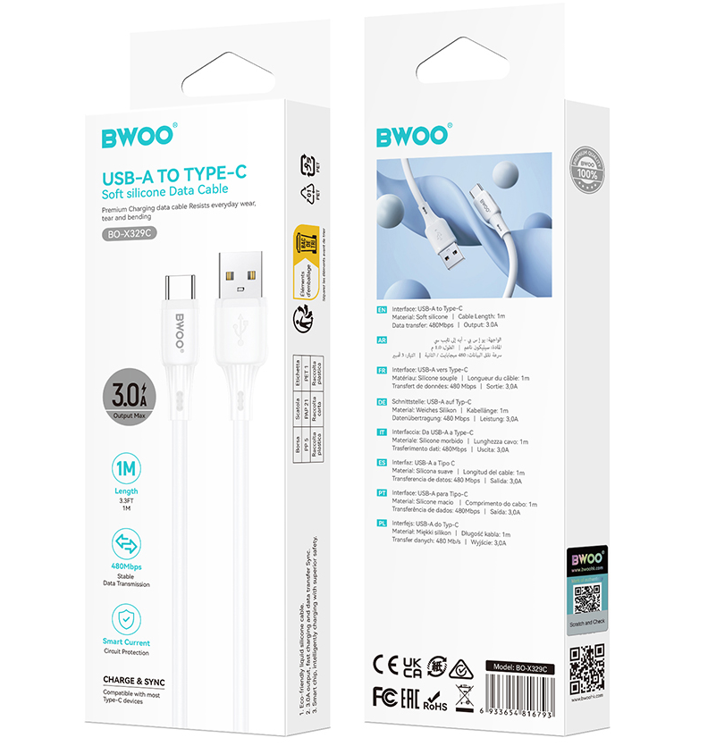 USB-A naar USB-C Data- en Oplaadkabel BWOO X329C, 18W, 1m, Wit