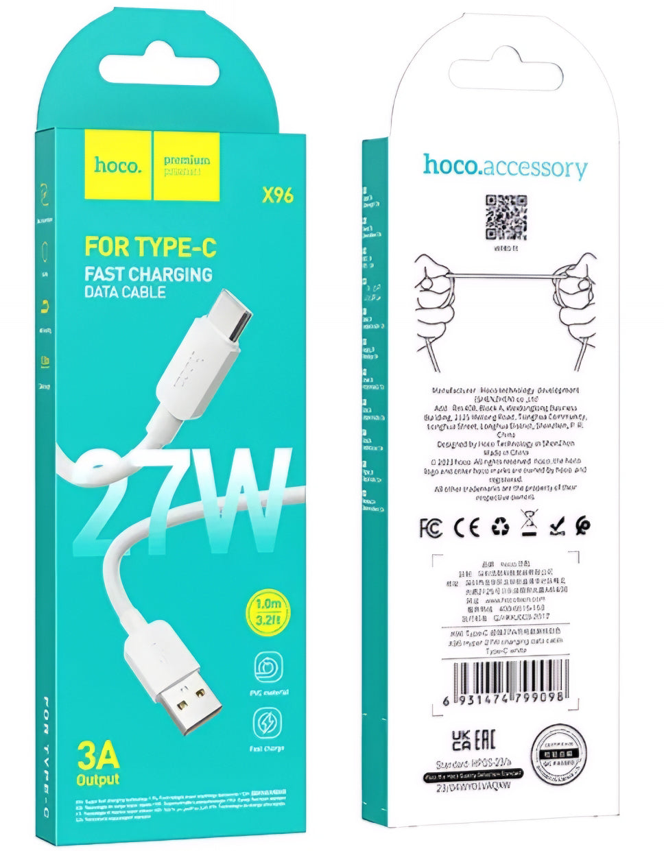 Câble de données et de charge USB-A - USB-C HOCO X96, 27W, 1m, Blanc