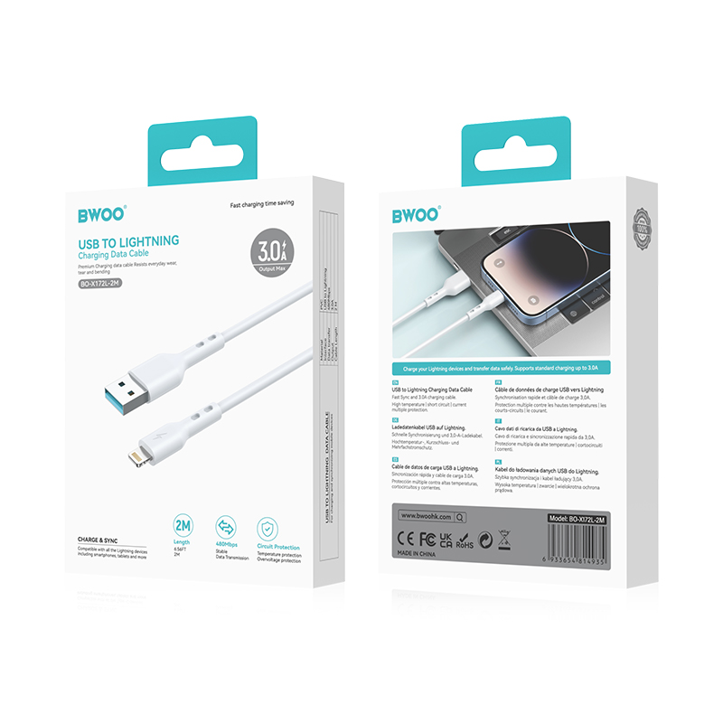 USB-A - Lightning Data- en Oplaadkabel BWOO BO-X172L-2M, 15W, 2m, Wit