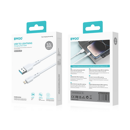 USB-A - Lightning Data- en Oplaadkabel BWOO BO-X172L-2M, 15W, 2m, Wit