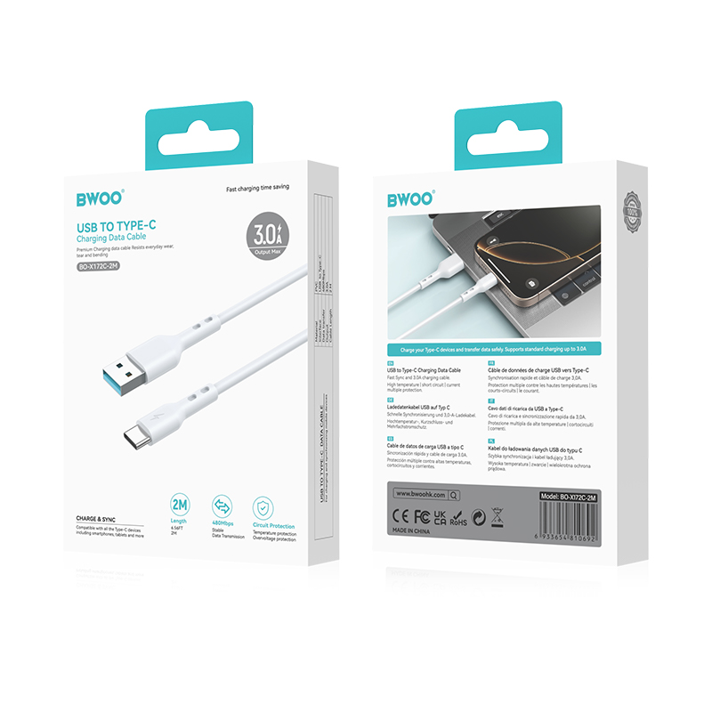 USB-A - USB-C Data- en Oplaadkabel BWOO BO-X172C-2M, 15W, 2m, Wit