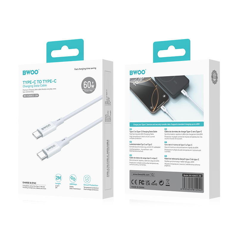 USB-C Data- en Oplaadkabel - USB-C BWOO BO-X283CC-2M, 60W, 2m, Wit