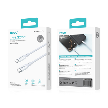 USB-C Data- en Oplaadkabel - USB-C BWOO BO-X283CC-2M, 60W, 2m, Wit