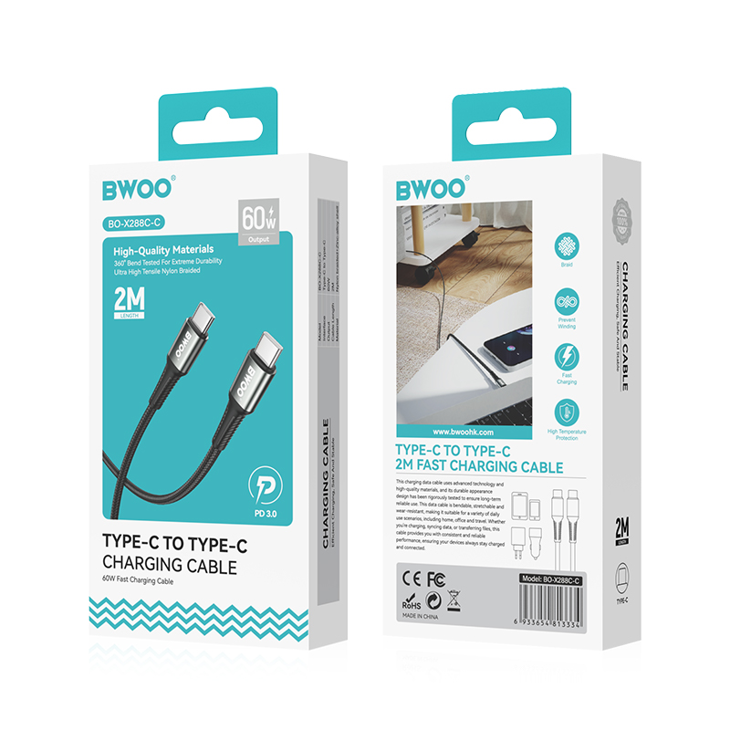Câble de données et de charge USB-C - USB-C BWOO BO-X288C-C, 60W, 1m, Noir