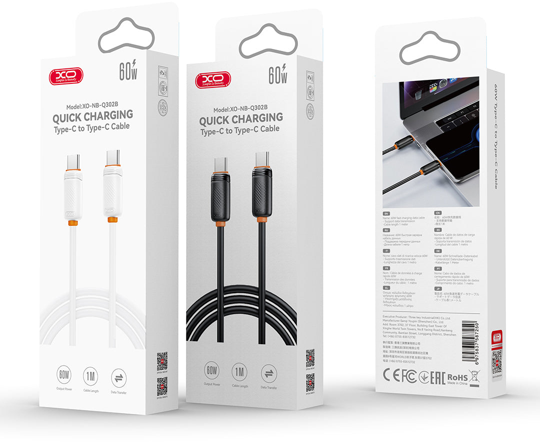 Câble de données et de charge USB-C - USB-C XO Design NB-Q302B, 60W, 1m, Noir
