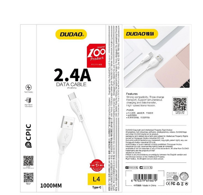 USB-A - Lightning Dudao L4L Data- en Oplaadkabel, 18W, 1m, Wit