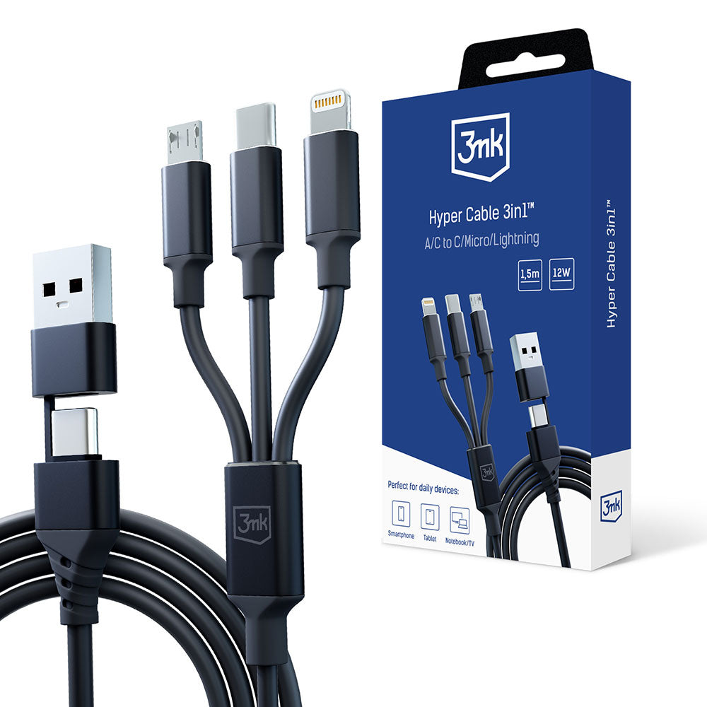 Oplaadkabel USB-A / USB-C - Lightning / microUSB / USB-C 3MK Hyper 3in1, 12W, 1,5m, Zwart 