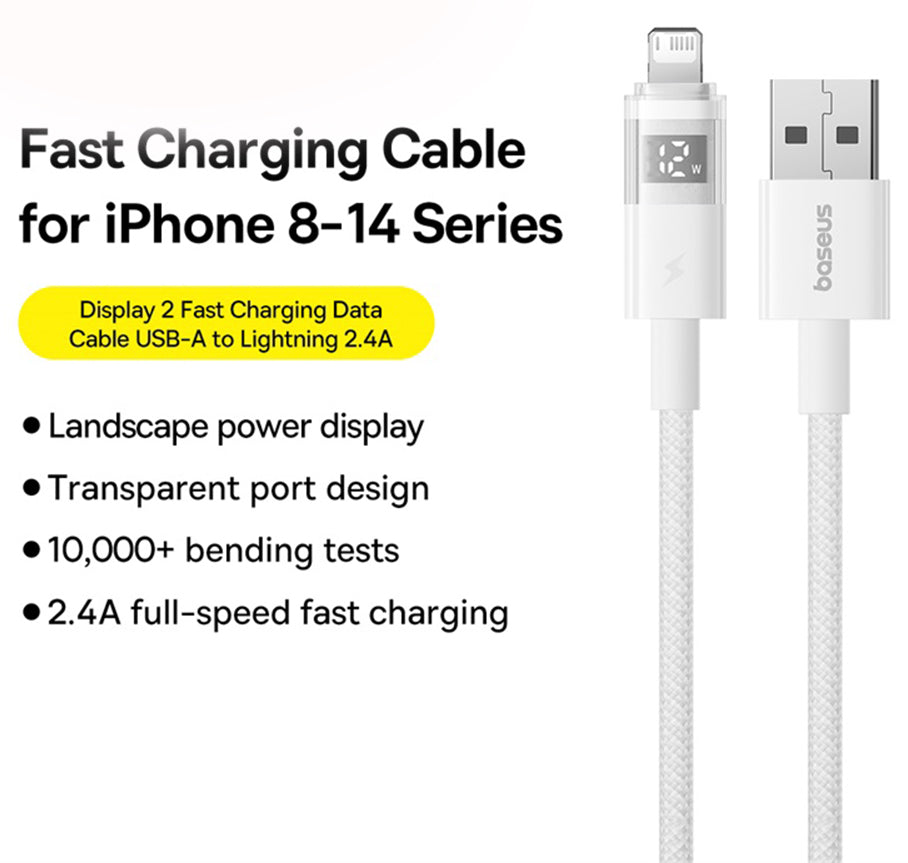 Data- en Oplaadkabel USB-A - Lightning Baseus Display 2, 18W, 1m, Wit P10382700211-00