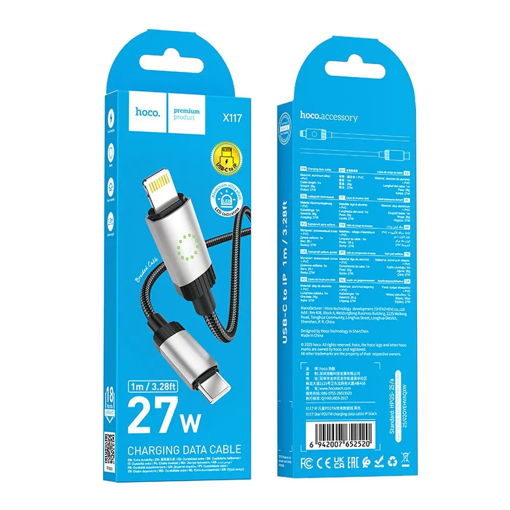 USB-C - Lightning datakabel en oplaadkabel HOCO X117, 27W, 1m, Zwart