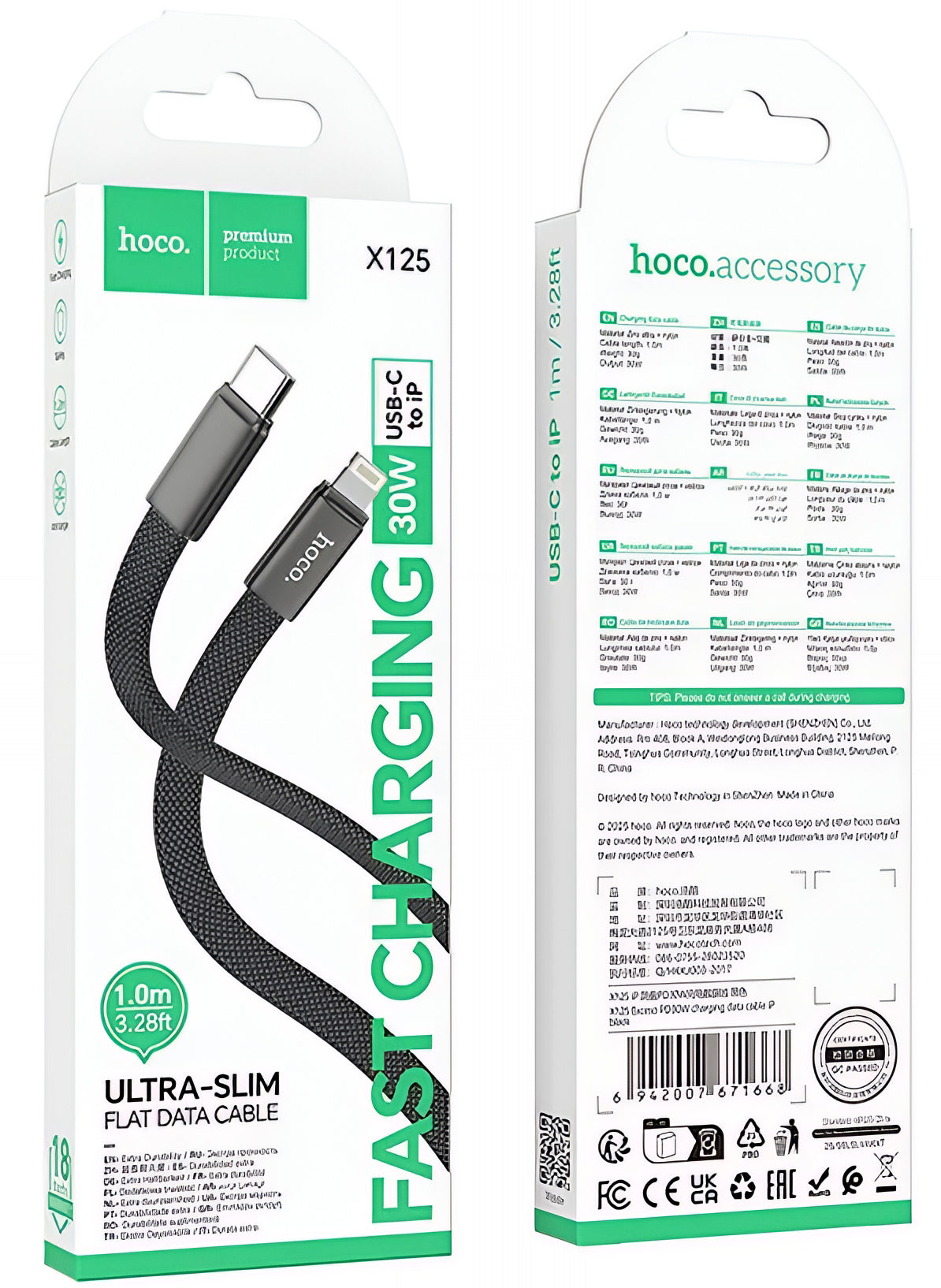 USB-C - Lightning Data- en Oplaadkabel HOCO X125, 30W, 1m, Zwart