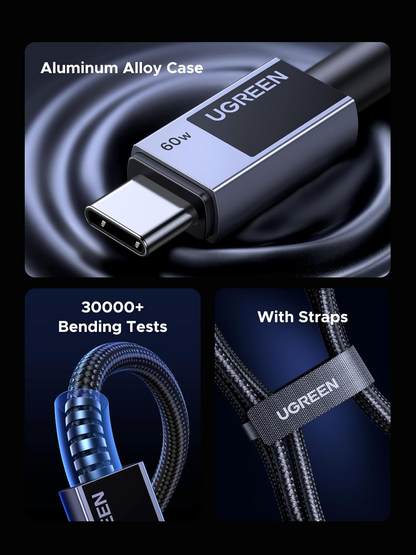 Câble de Données et de Charge USB-C - USB-C UGREEN L524, 60W, 2m, Gris