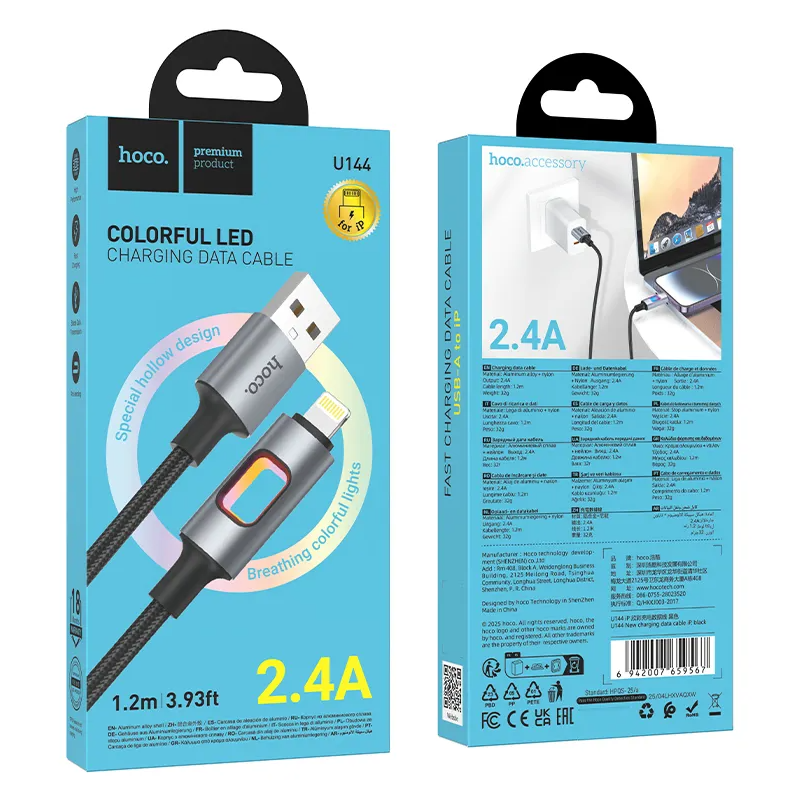 Câble de Données et de Charge USB-A - Lightning HOCO U144 Led, 18W, 1.2m, Noir