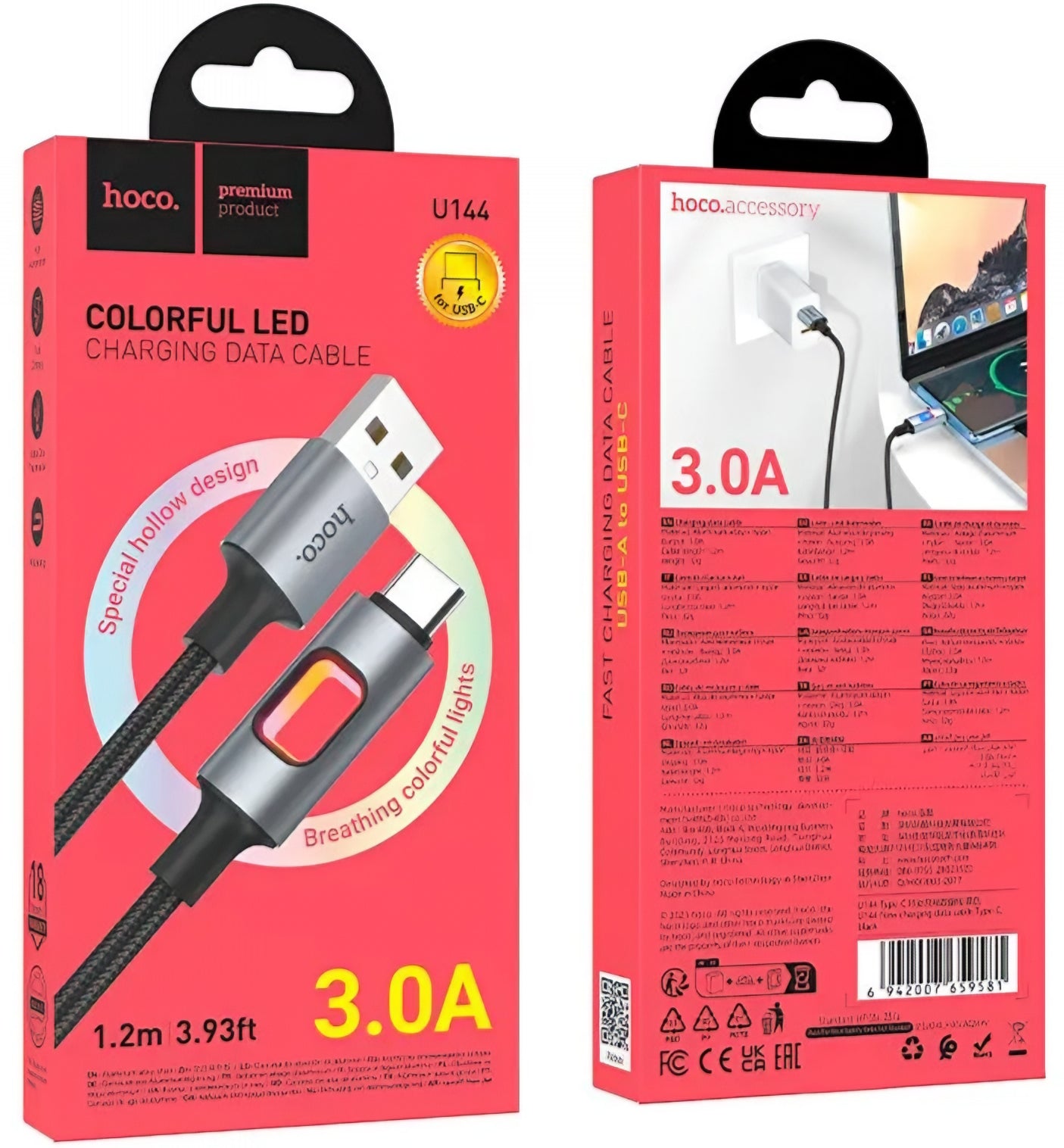 Câble de Données et de Charge USB-A - USB-C HOCO U144 Led, 18W, 1.2m, Noir