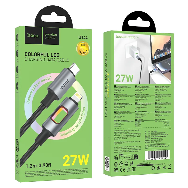 USB-C - Lightning Datakabel en Oplaadkabel HOCO U144 Led, 27W, 1,2m, Zwart