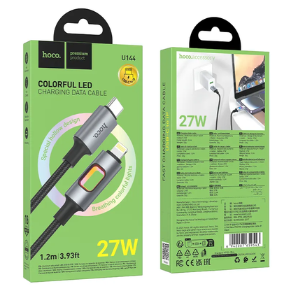 USB-C - Lightning Datakabel en Oplaadkabel HOCO U144 Led, 27W, 1,2m, Zwart