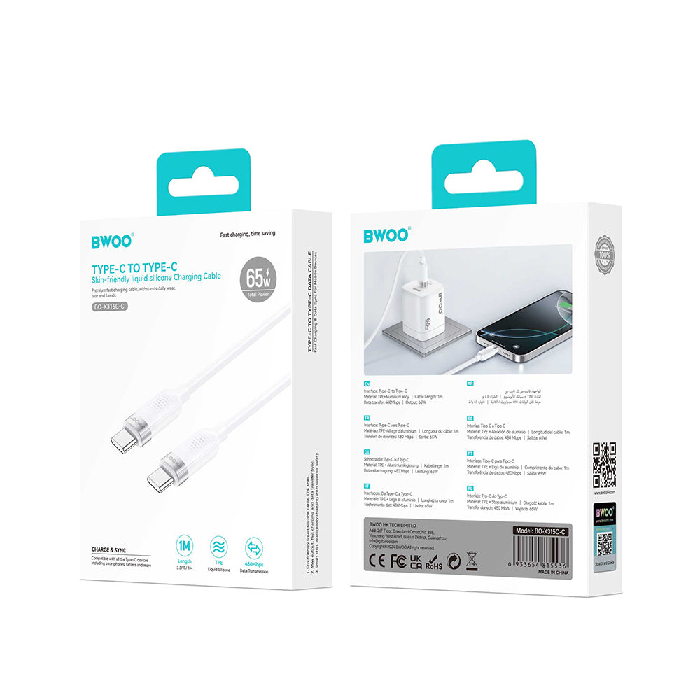 Data- en Oplaadkabel USB-C - USB-C BWOO BO-X315C, 100W, 1m, Wit