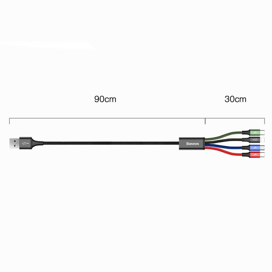 USB-A - 2 x Lightning / microUSB / USB-C Baseus Snelle 4in1 Oplaadkabel, 20W, 1,2 m, Zwart CA1T4-A01