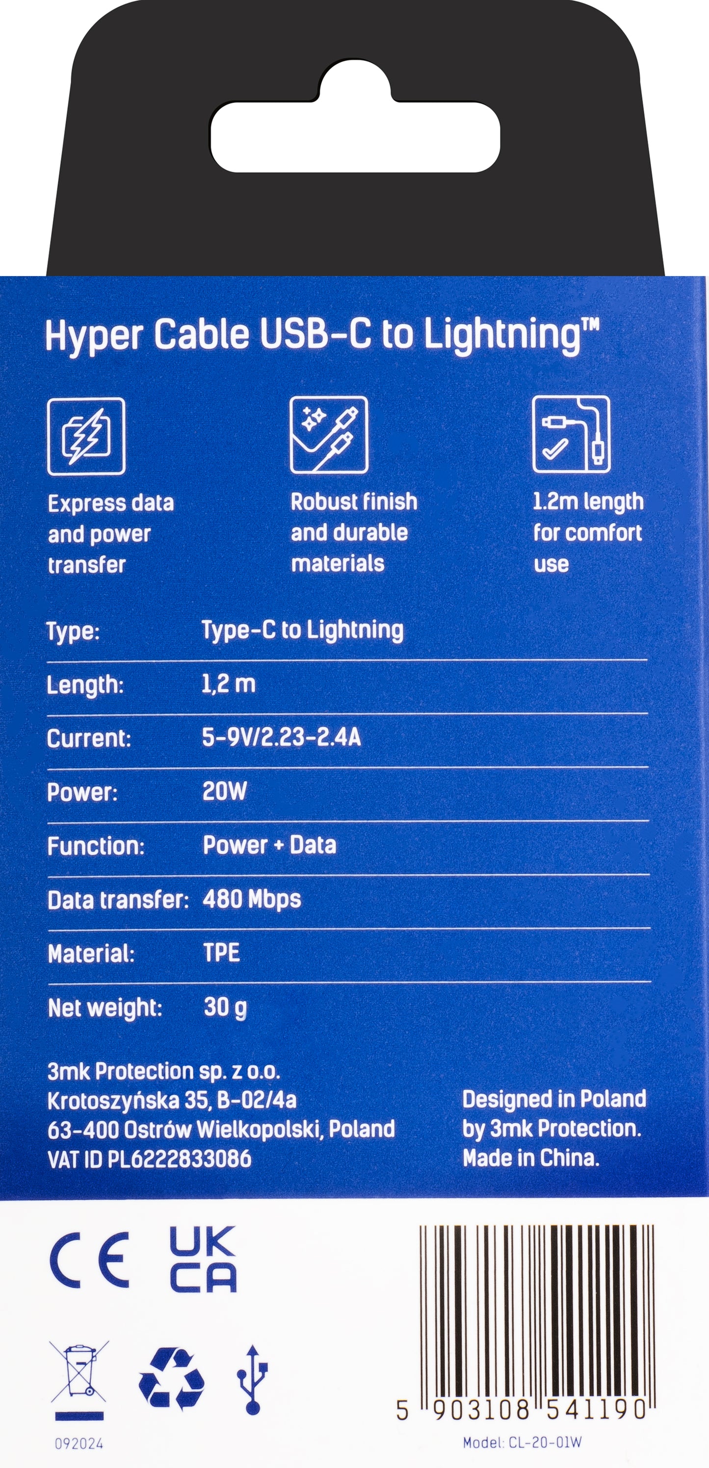 Data- en oplaadkabel USB-C - Lightning 3MK Hyper, 20W, 1,2 m, wit 