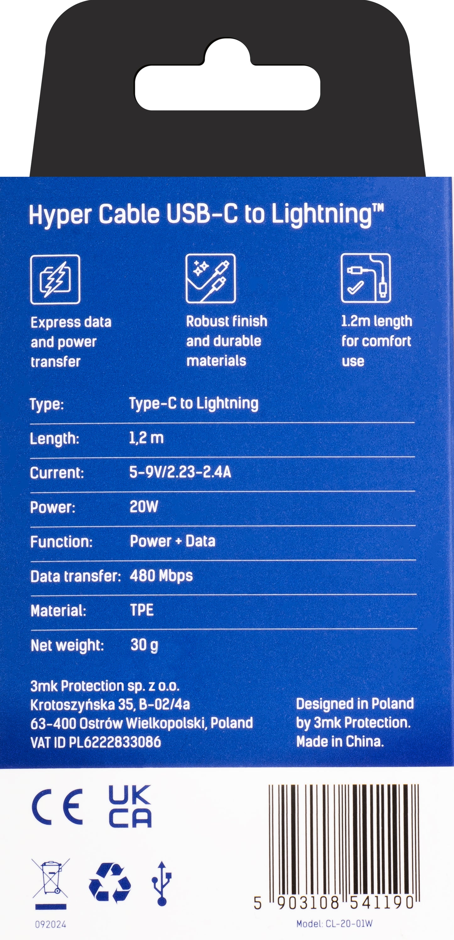 Câble de données et de charge USB-C - Lightning 3MK Hyper, 20W, 1,2m, Blanc