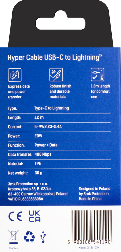Câble de données et de charge USB-C - Lightning 3MK Hyper, 20W, 1,2m, Blanc