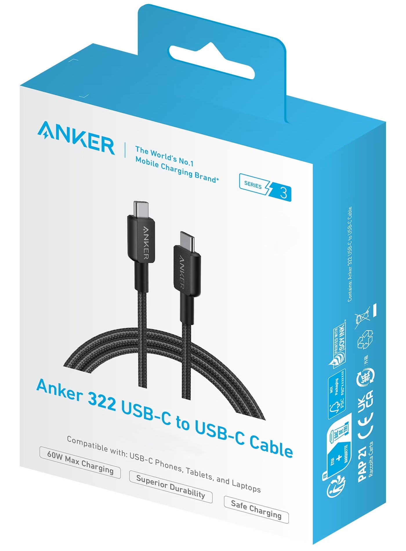 USB-C Data- en Oplaadkabel - USB-C Anker 322, 60W, 0.9m, Zwart A81F5G11