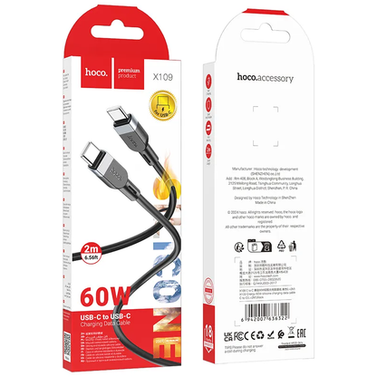 Câble de données et de charge USB-C - USB-C HOCO X109, 60W, 2m, Noir