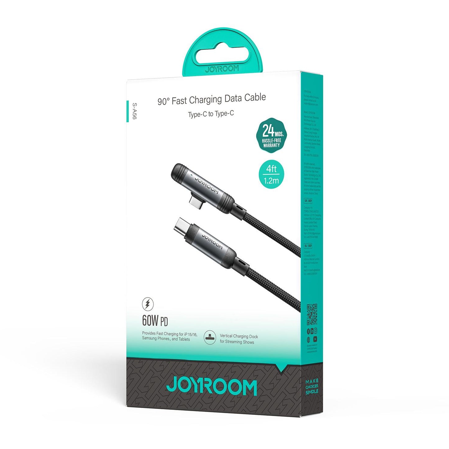 USB-C Daten- und Ladekabel - USB-C Joyroom S-A56 EnjoyX Angled, 60W, 1.2m, Schwarz