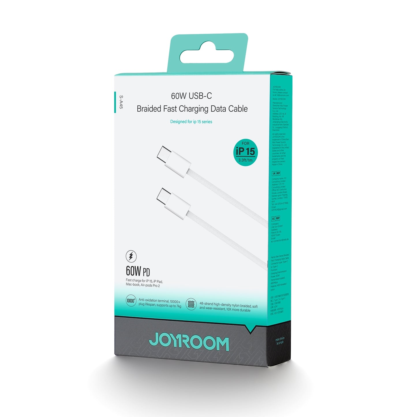 USB-C data- en oplaadkabel - USB-C Joyroom S-A45, 60W, 1m, Wit 
