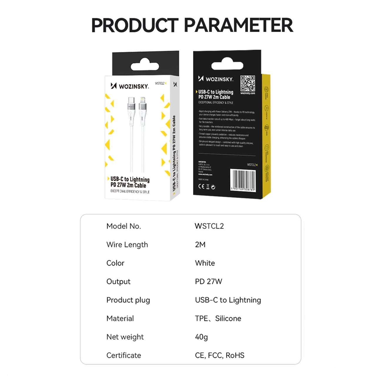 Data- en Oplaadkabel USB-C - Lightning WZK WSTCL1, 27W, 1m, Wit