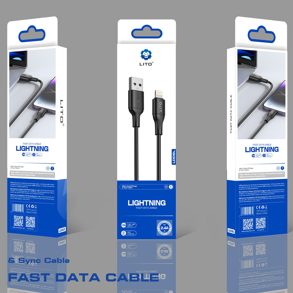 Data- en Oplaadkabel USB-A - Lightning Lito LD06L, 18W, 1m, Zwart