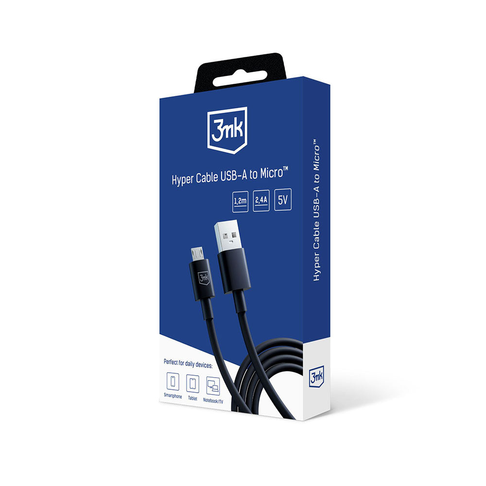 USB-A to microUSB Data and Charging Cable 3MK Hyper, 18W, 1.2m, Black