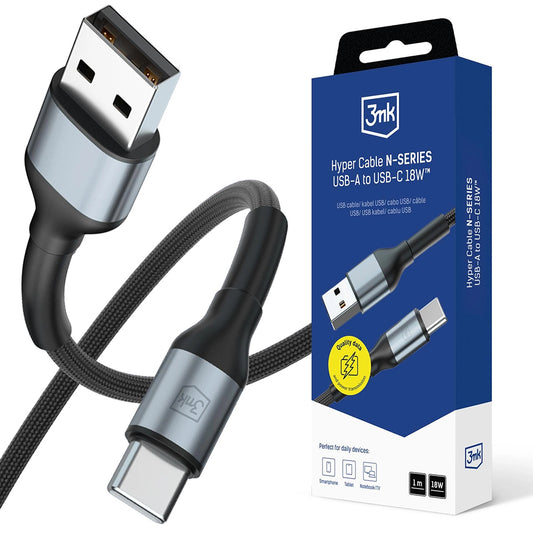 Data- en Oplaadkabel USB-A - USB-C 3MK Hyper N 18, 18W, 1m, Zwart