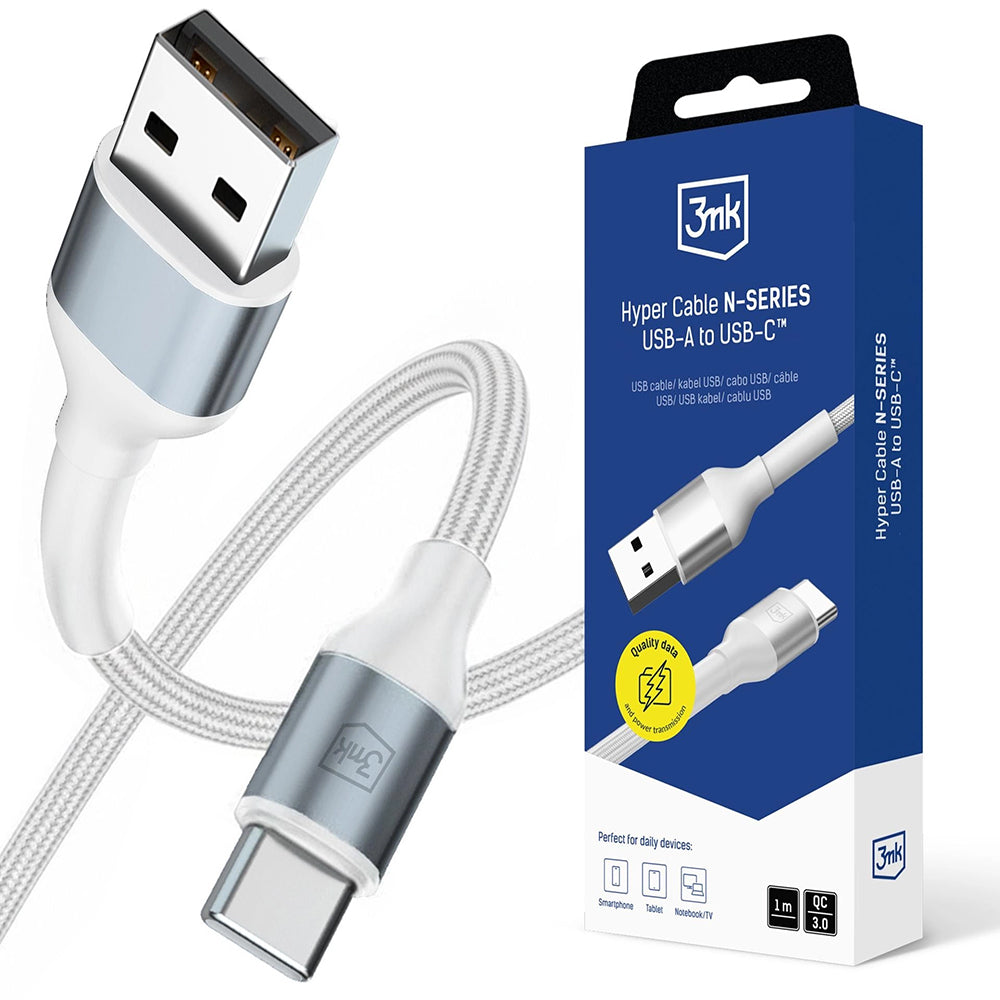 Data- en Oplaadkabel USB-A - USB-C 3MK Hyper N, 18W, 1m, Wit