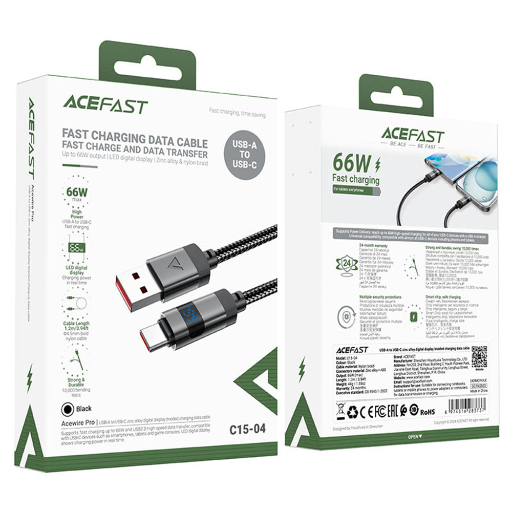 Daten- und Ladekabel USB-A - USB-C Acefast C15-04 Display, 66W, 1.2m, Schwarz