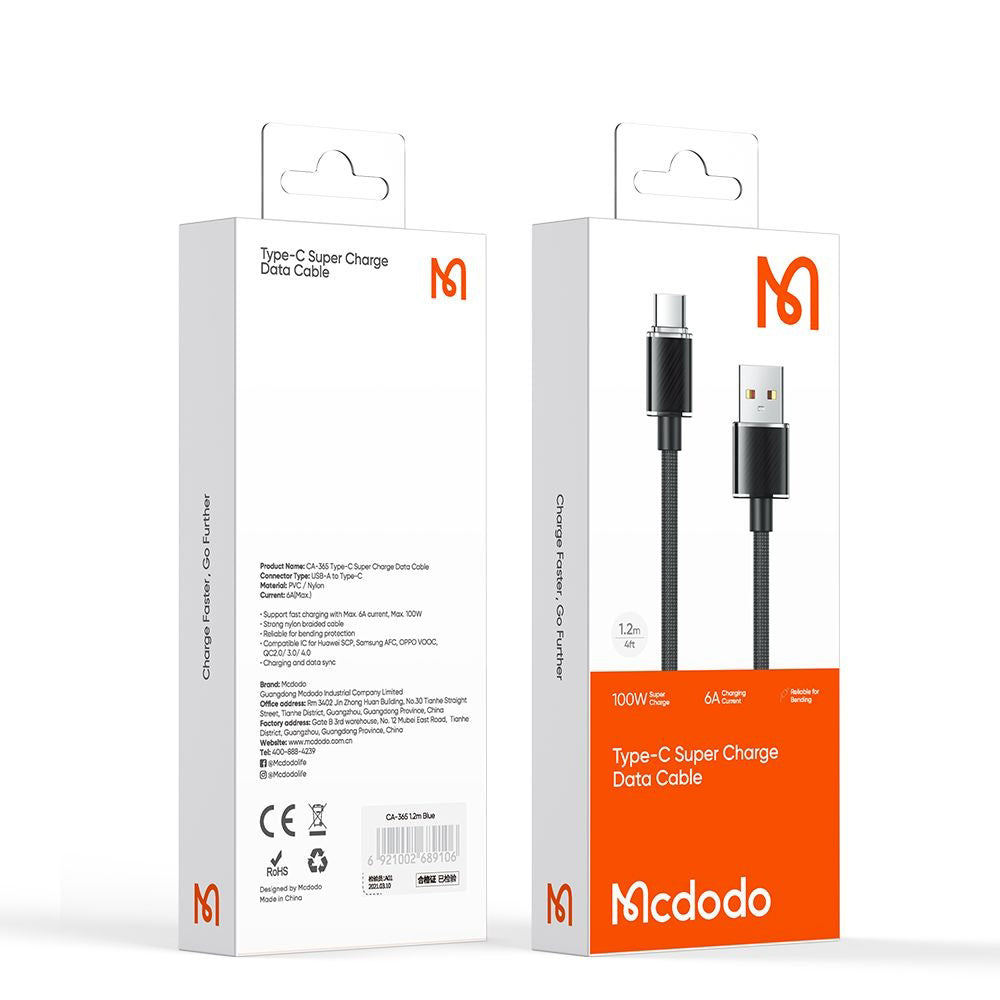 Câble de Données et de Charge USB-A - USB-C McDodo CA-3650, 100W, 1.2m, Noir