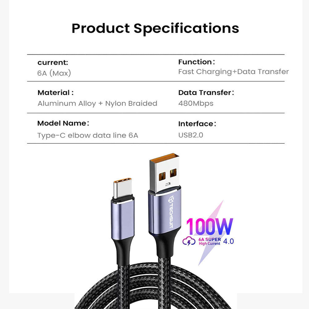 Daten- und Ladekabel USB-A - USB-C Techsuit PCB018, 100W, 1m, Schwarz