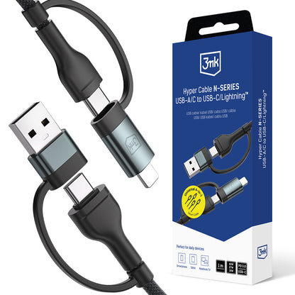Data- en Oplaadkabel USB-A / USB-C - USB-C / Lightning 3MK Hyper N, 60W, 1.2m, Zwart