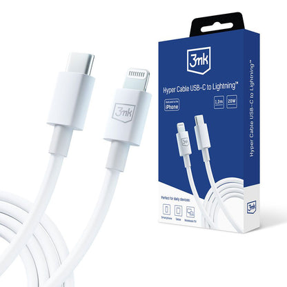 Câble de données et de charge USB-C - Lightning 3MK Hyper, 20W, 1,2m, Blanc