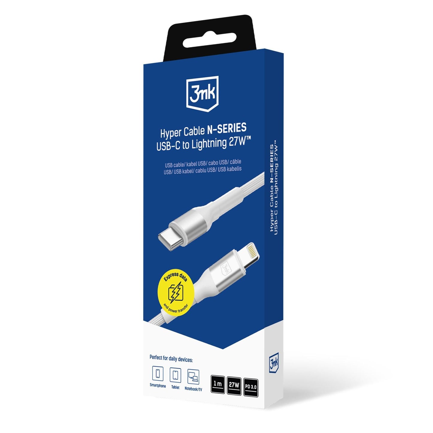 USB-C - Lightning Data- en Oplaadkabel 3MK Hyper N, 27W, 1m, Wit